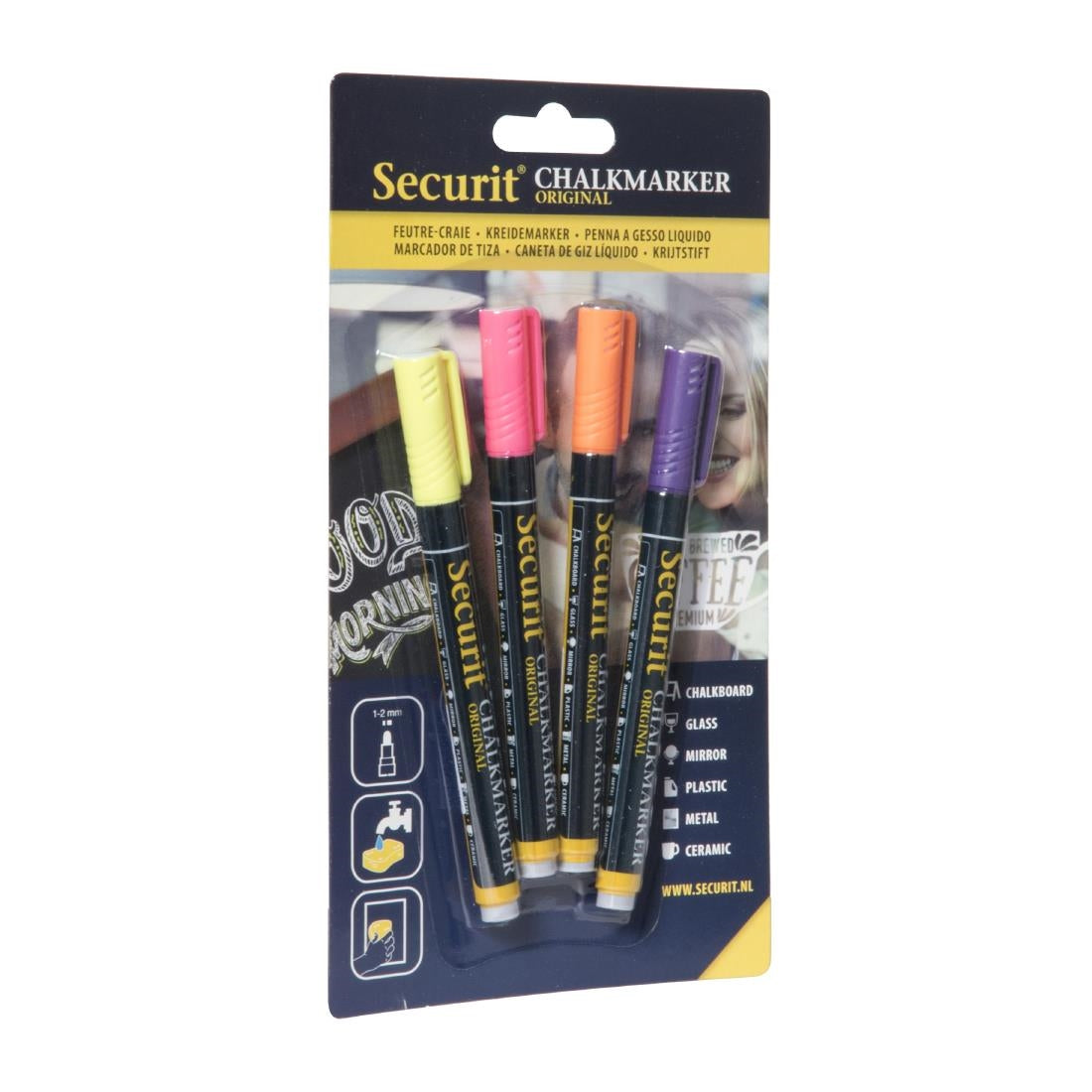 CU770 Securit Liquid chalkmarker tropical met 1-2mm Penpunt in geel, roze, oranje, violet (box 4)