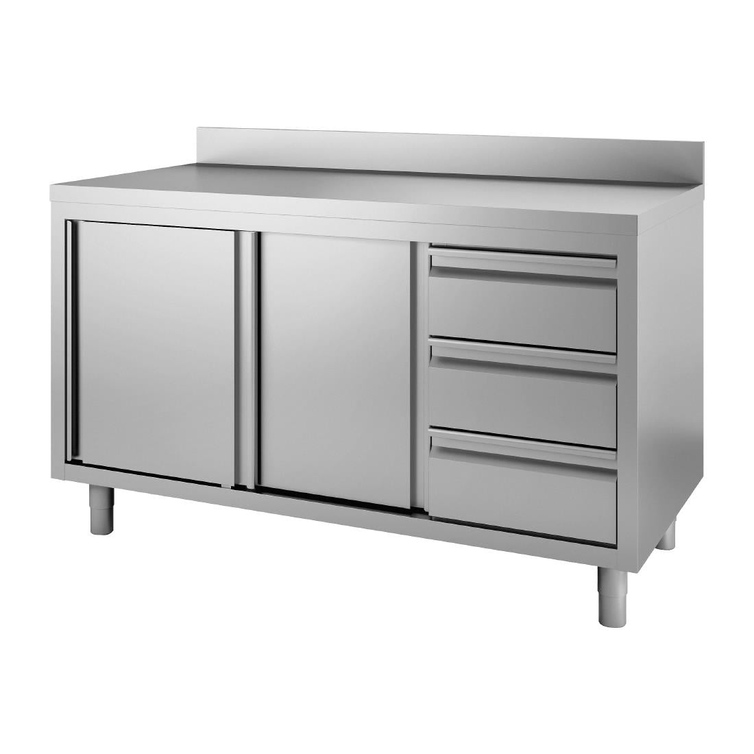 DS441 Gastro M Werktafel Met 3 Laden Rechts, Schuifdeuren En Achteropstand 85/90x120x60cm