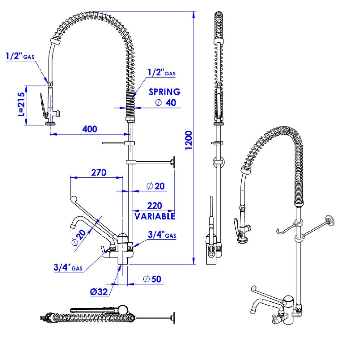 CS490 Gastro M hoge voorspoeldouche monobloc zwenkkraan handsfree