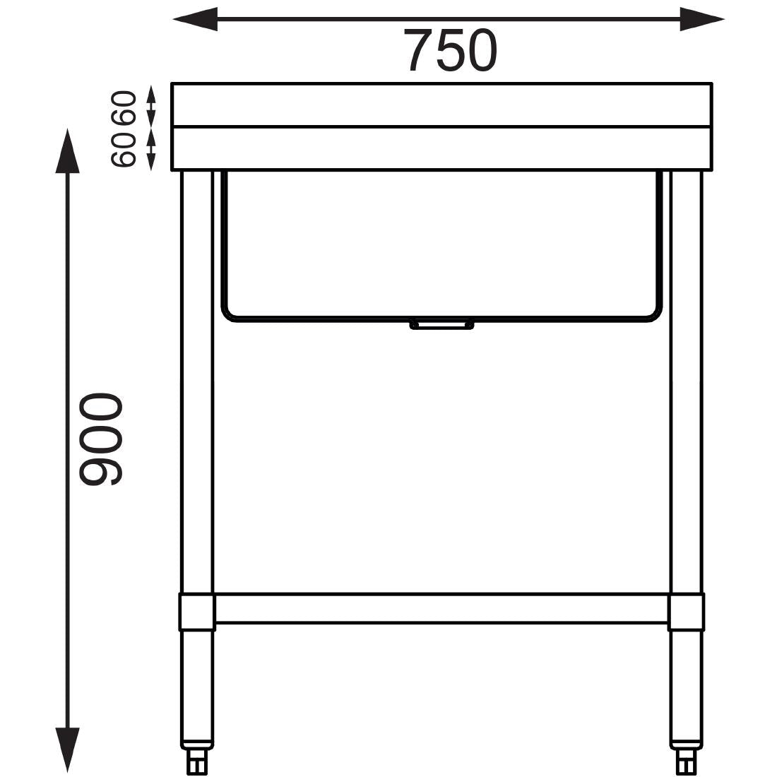 GJ537 Vogue RVS spoeltafel enkele spoelbak met onderblad 75x60cm