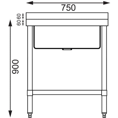 GJ537 Vogue RVS spoeltafel enkele spoelbak met onderblad 75x60cm