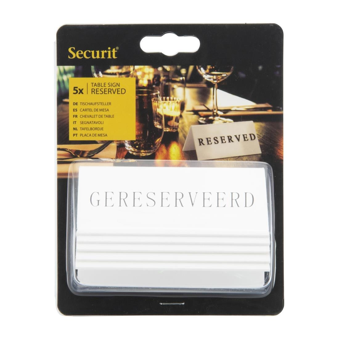 CU915 Securit Reservering tafelstandaards met Nederlands: 'Gereserveerd' Wit Acryl standaarden met zwart lettertype (box 5)