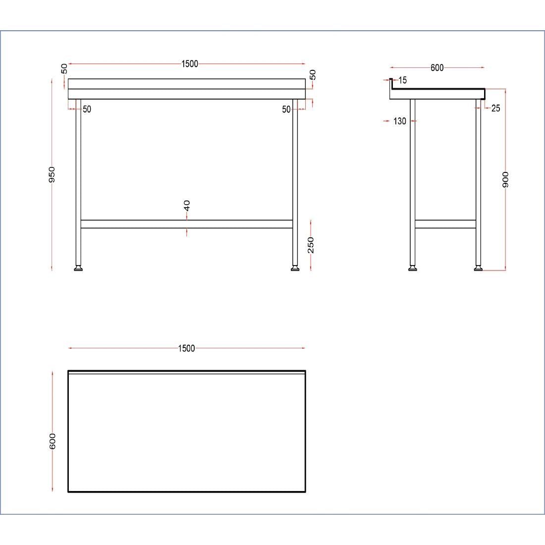 DR023 Holmes roestvrijstalen wandtafel met opstand 1500 mm