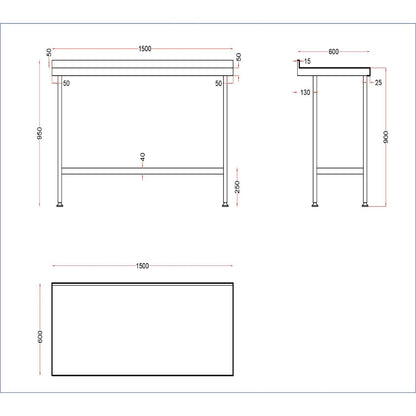 DR023 Holmes roestvrijstalen wandtafel met opstand 1500 mm