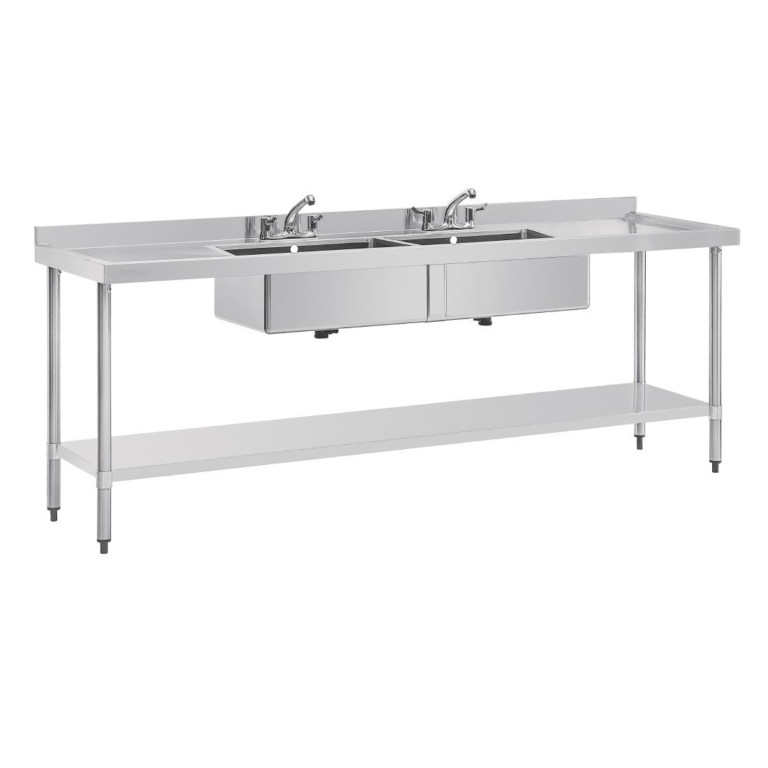U910 Vogue RVS spoeltafel dubbele spoelbak afdruiprek links en rechts 240x60cm