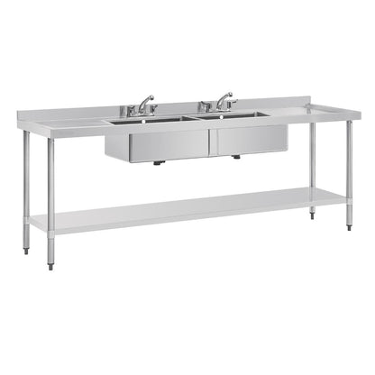 U910 Vogue RVS spoeltafel dubbele spoelbak afdruiprek links en rechts 240x60cm
