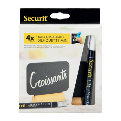 CU906 Securit Silhouette rechthoekige mini krijtborden, inclusief krijtstift Houten voet (4 stuks)