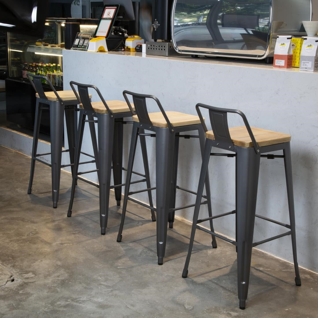 FB624 Bolero Bistro hoge barstoel met houten zitting grijs (4 stuks)