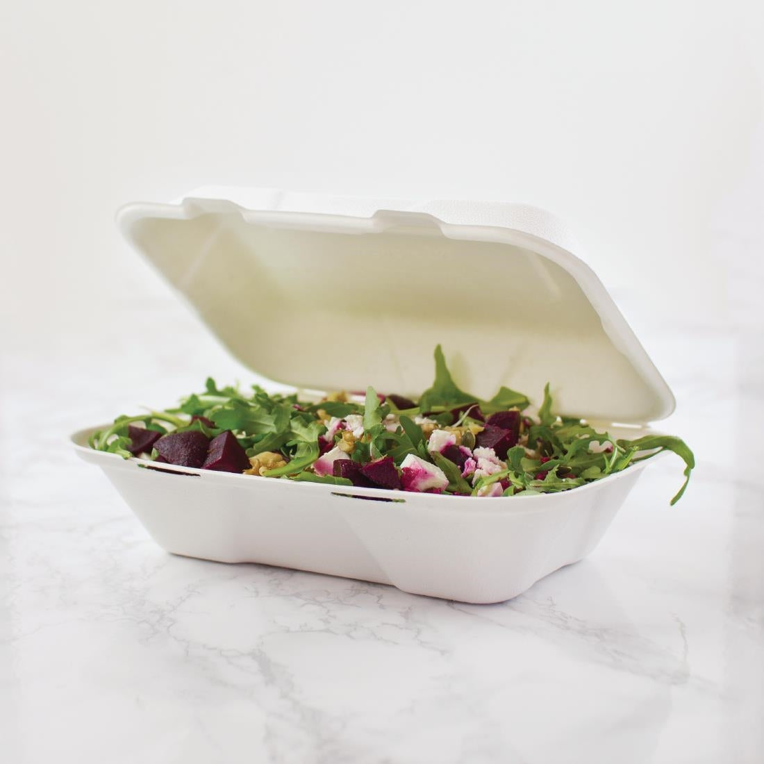 GH026 Vegware composteerbare bagasse voedseldozen met scharnierdeksel 22,8cm (200 stuks)