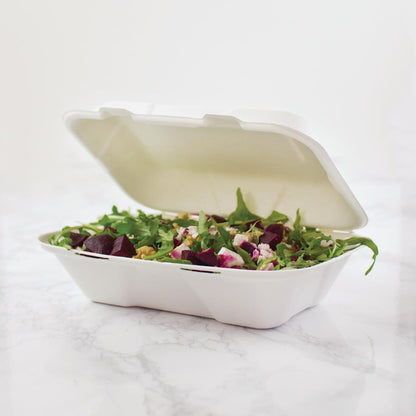 GH026 Vegware composteerbare bagasse voedseldozen met scharnierdeksel 22,8cm (200 stuks)