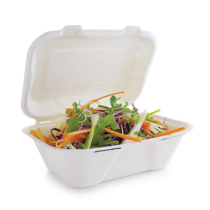 GH026 Vegware composteerbare bagasse voedseldozen met scharnierdeksel 22,8cm (200 stuks)