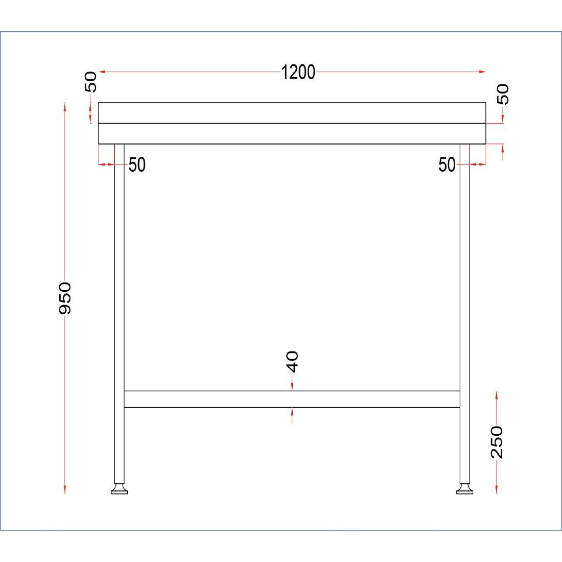 DR022 Holmes roestvrijstalen wandtafel met opstand 1200 mm