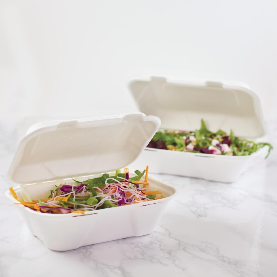 GH026 Vegware composteerbare bagasse voedseldozen met scharnierdeksel 22,8cm (200 stuks)