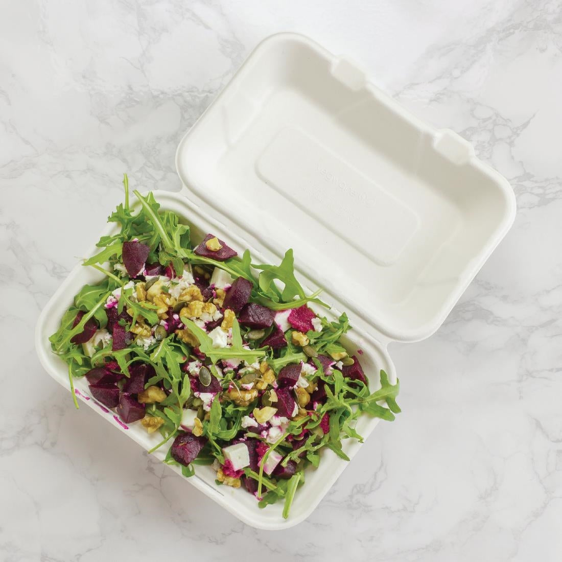 GH026 Vegware composteerbare bagasse voedseldozen met scharnierdeksel 22,8cm (200 stuks)