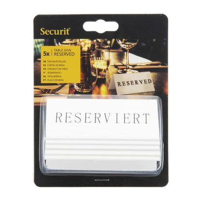 CU913 Securit Reserveringstafelstandaards met Duits: 'Reserviert' Witte acryl standaarden met zwart lettertype (box 5)