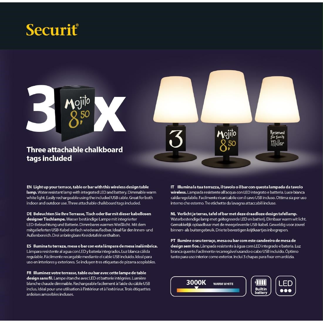 GR652 Securit Zwarte Tafellamp Michelle Incl 3 Bevestigbare Krijtbordlabels