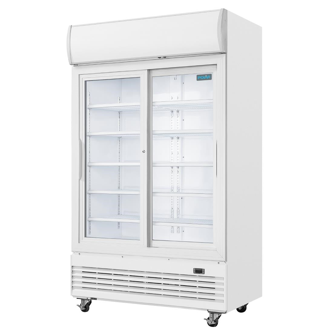 GE581 Polar G-serie tweedeurs displaykoeling met lichtbak 950L schuifdeuren