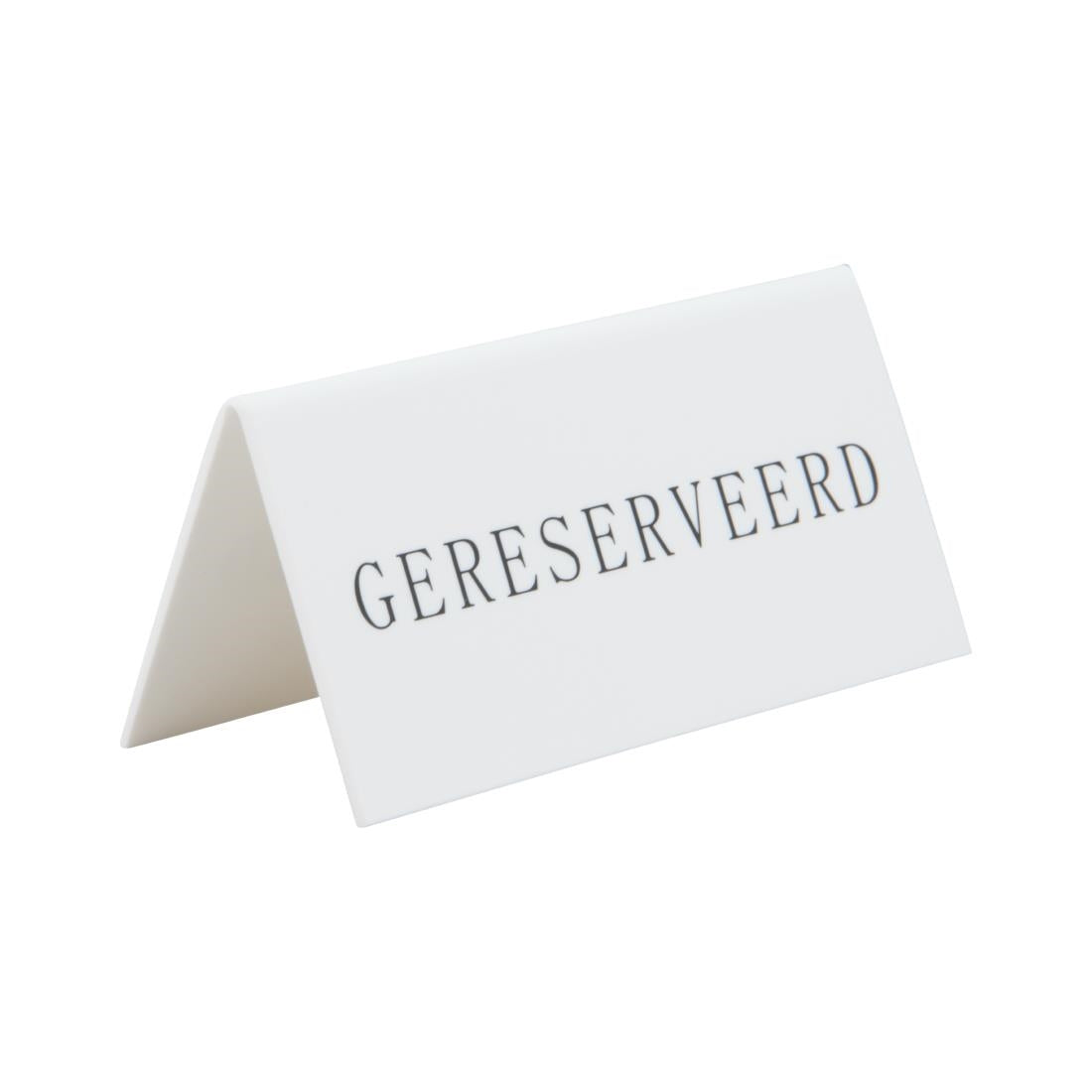CU915 Securit Reservering tafelstandaards met Nederlands: 'Gereserveerd' Wit Acryl standaarden met zwart lettertype (box 5)