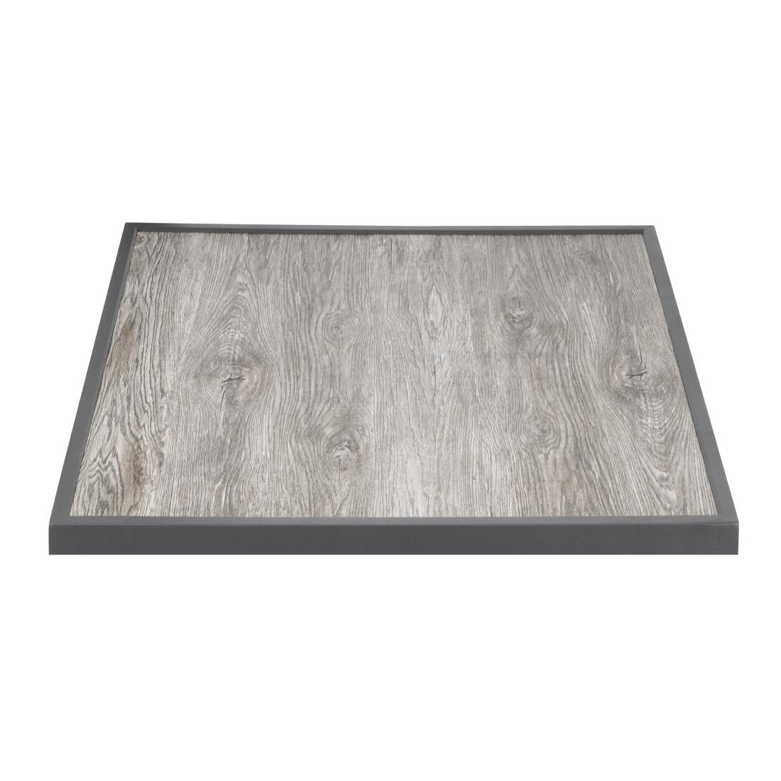 FU515 Bolero Tafelblad Van Gehard Glas Met Houtnerfeffect Voor Buiten, Grijze Rand 700mm