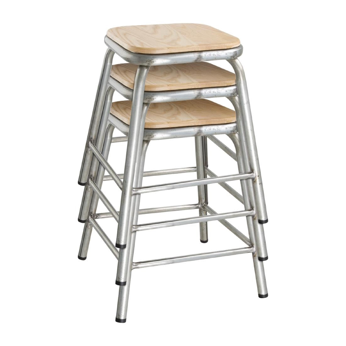 DE478 Bolero lage gegalvaniseerd stalen kruk met houten zitting (4 stuks)