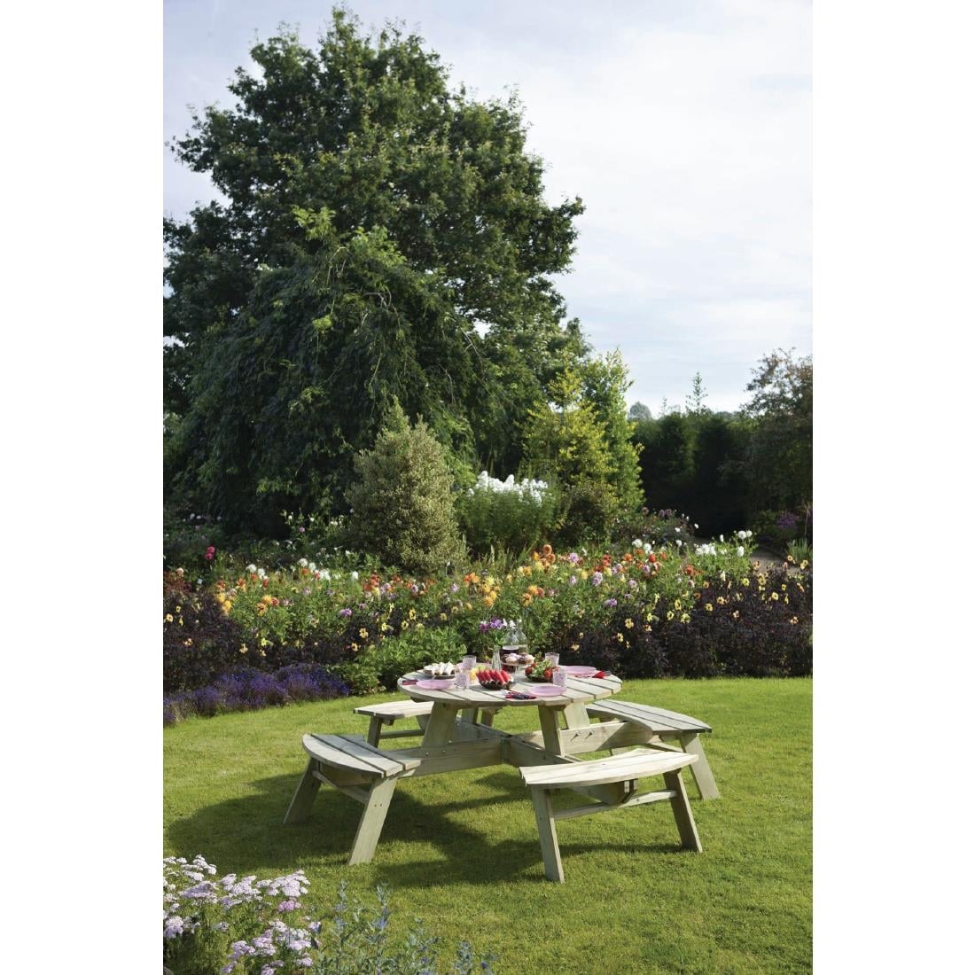 CG097 Rowlinson ronde houten picknicktafel 200(Ø)cm