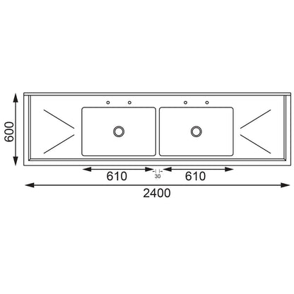 U910 Vogue RVS spoeltafel dubbele spoelbak afdruiprek links en rechts 240x60cm
