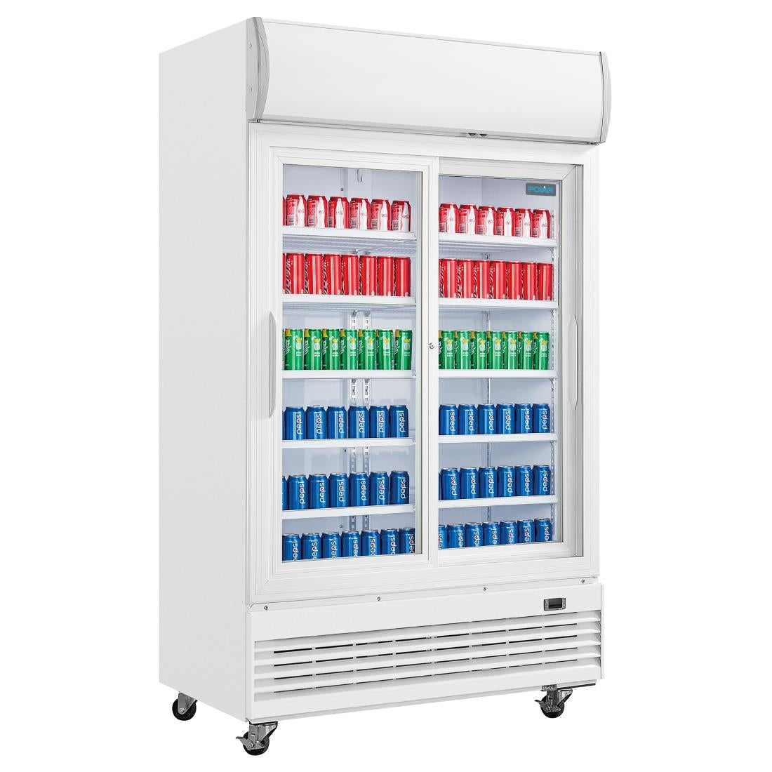 GE581 Polar G-serie tweedeurs displaykoeling met lichtbak 950L schuifdeuren