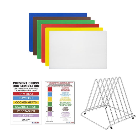 CH300 Hygiplas set van 6 HDPE snijplanken met rek en HACCP kleurcode kaart 12(h)x455(b)x305(d)mm