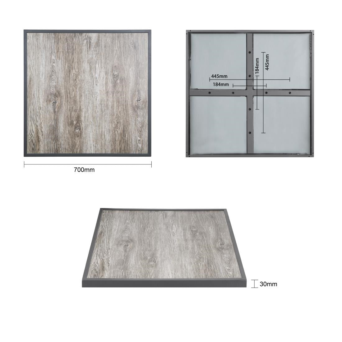 FU515 Bolero Tafelblad Van Gehard Glas Met Houtnerfeffect Voor Buiten, Grijze Rand 700mm