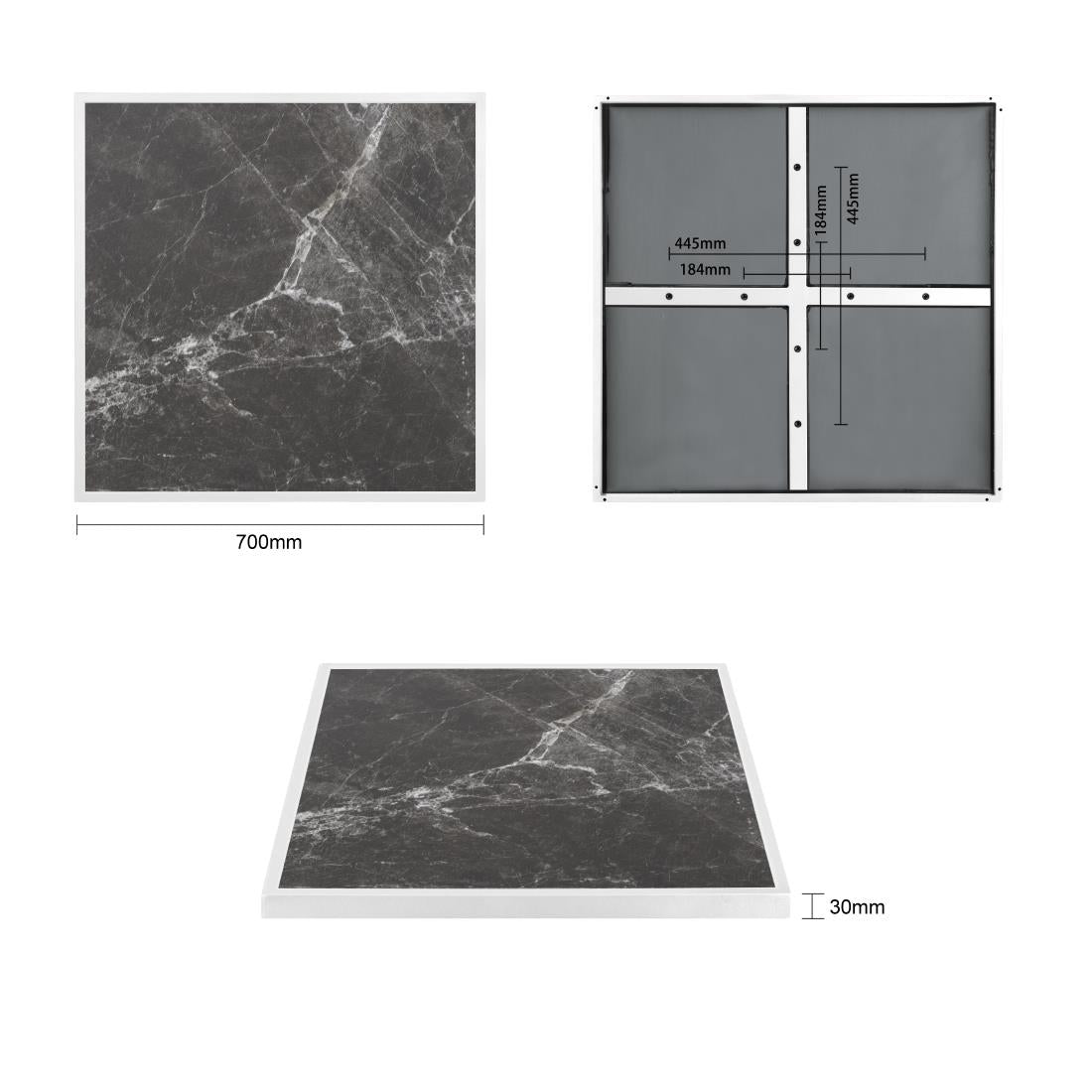 FU516 Bolero Tafelblad Van Gehard Glas Voor Buiten, Donker Granieteffect, Witte Rand 700mm