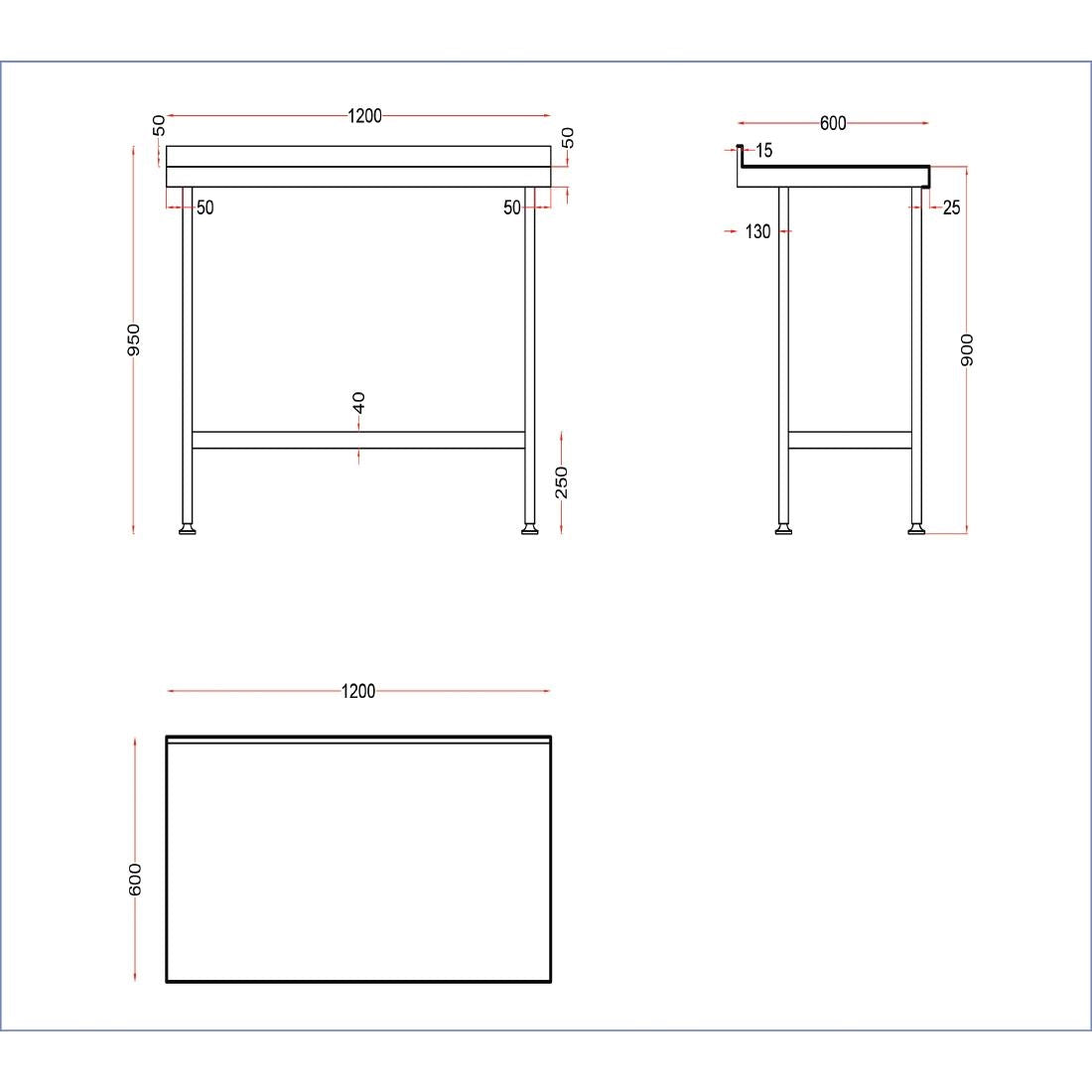 DR022 Holmes roestvrijstalen wandtafel met opstand 1200 mm