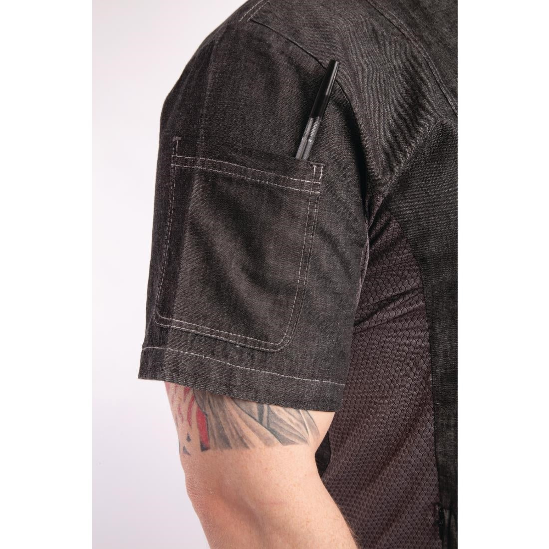 BB279-S Chef Works Urban Tribeca denim koksbuis met drukknopen korte mouw grijs S