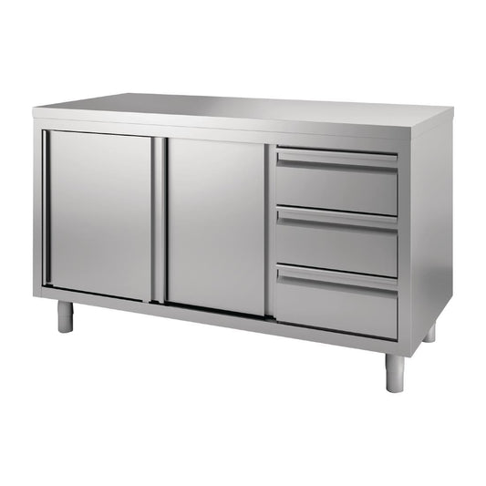 GN163 Gastro M RVS Werktafel Met Schuifdeuren En 3 Laden 85/90x140x70cm