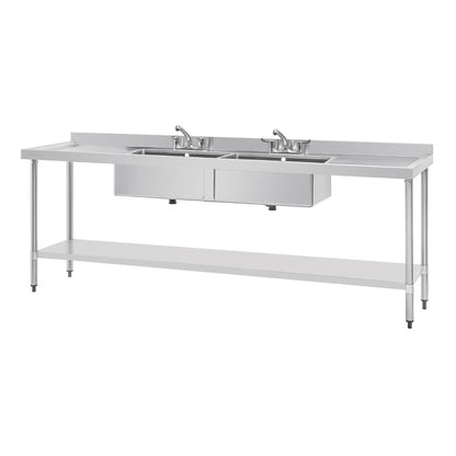 U910 Vogue RVS spoeltafel dubbele spoelbak afdruiprek links en rechts 240x60cm