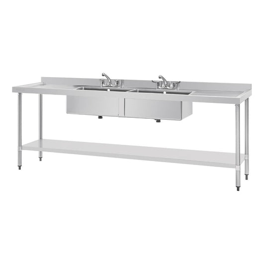U910 Vogue RVS spoeltafel dubbele spoelbak afdruiprek links en rechts 240x60cm