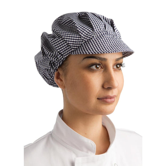 B257 Whites polykatoen koksmuts met klep blauw-wit geruit