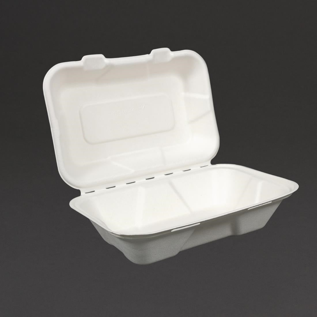 GH026 Vegware composteerbare bagasse voedseldozen met scharnierdeksel 22,8cm (200 stuks)