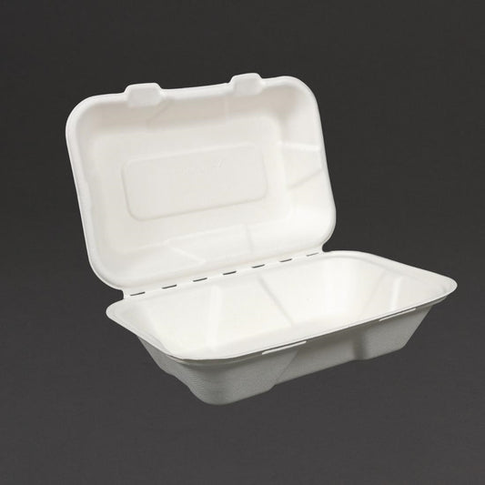 GH026 Vegware composteerbare bagasse voedseldozen met scharnierdeksel 22,8cm (200 stuks)