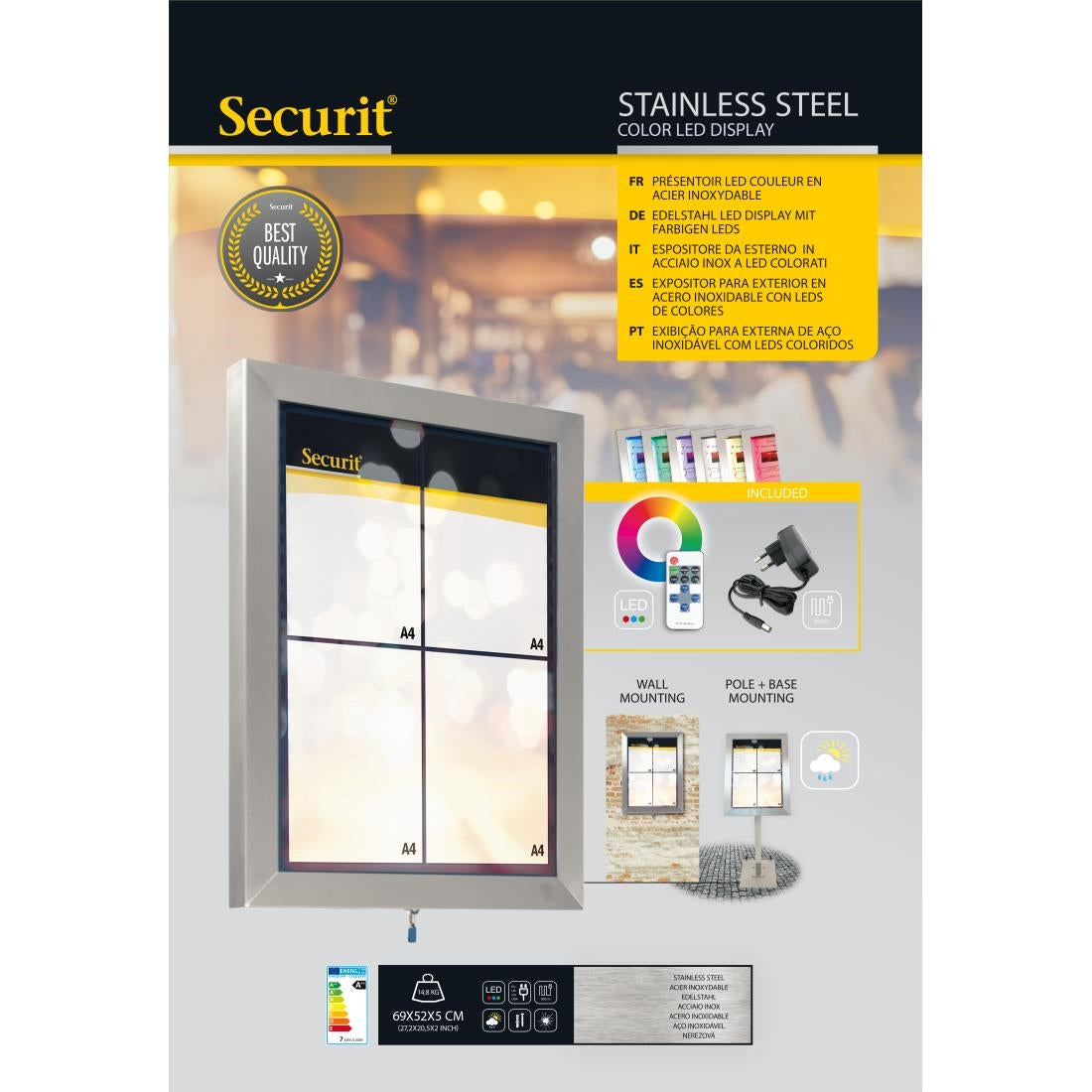 CU937 Securit RVS Gekleurde LED's 4xA4 informatiedisplay (excl paal en voet)