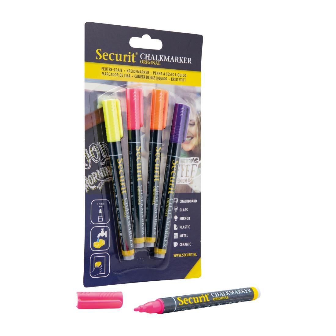 CU770 Securit Liquid chalkmarker tropical met 1-2mm Penpunt in geel, roze, oranje, violet (box 4)