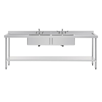 U910 Vogue RVS spoeltafel dubbele spoelbak afdruiprek links en rechts 240x60cm