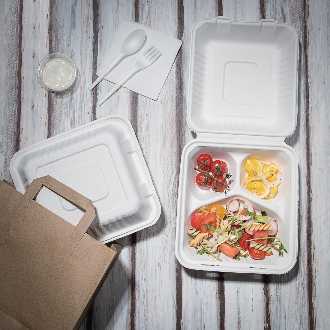 FC526 Fiesta Compostable composteerbare bagasse voedseldozen 3 compartimenten (200 stuks)
