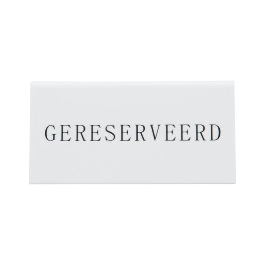 CU915 Securit Reservering tafelstandaards met Nederlands: 'Gereserveerd' Wit Acryl standaarden met zwart lettertype (box 5)