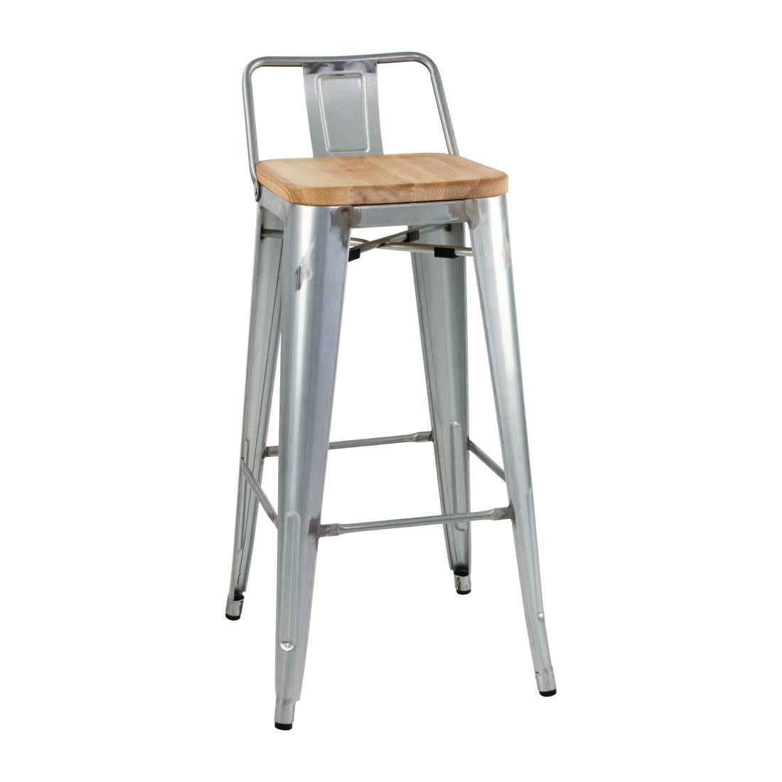 FB627 Bolero Bistro Hoge Krukken Met Rugleuning En Houten Zitkussen Gegalvaniseerd Staal (4 Stuks)
