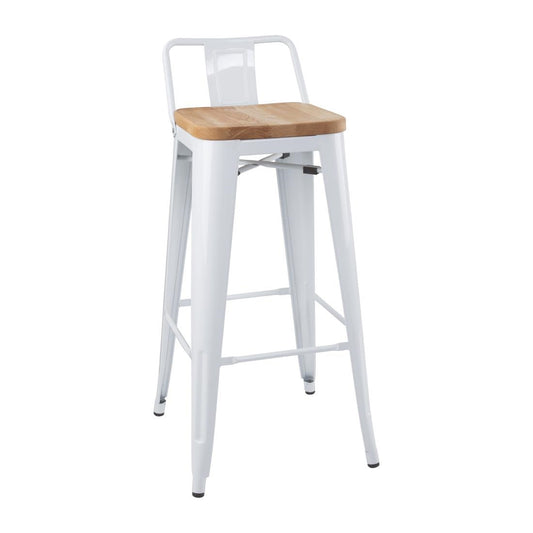 FB625 Bolero Bistro Hoge Krukken Met Rugleuning En Houten Zitkussen Wit (4 Stuks)