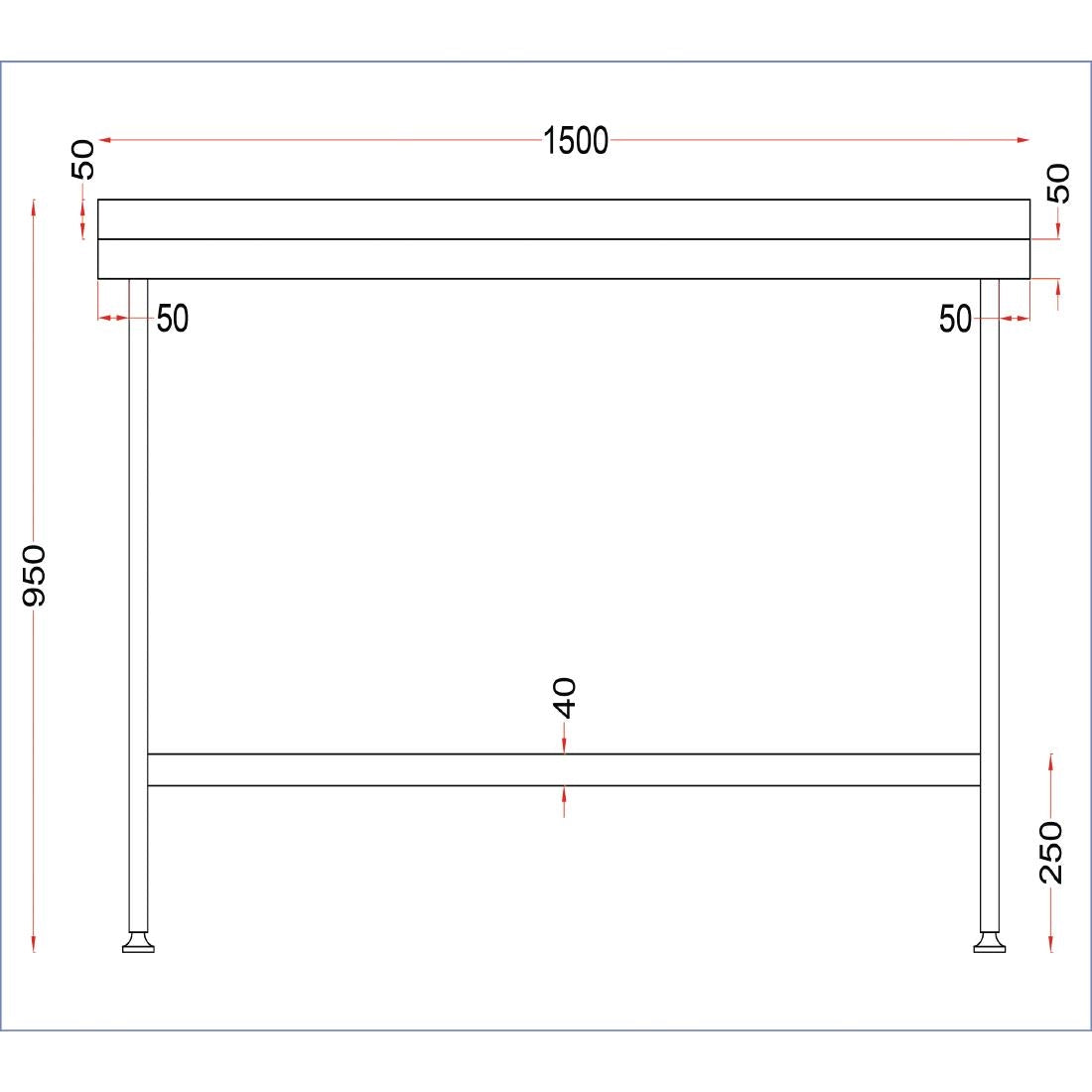DR023 Holmes roestvrijstalen wandtafel met opstand 1500 mm