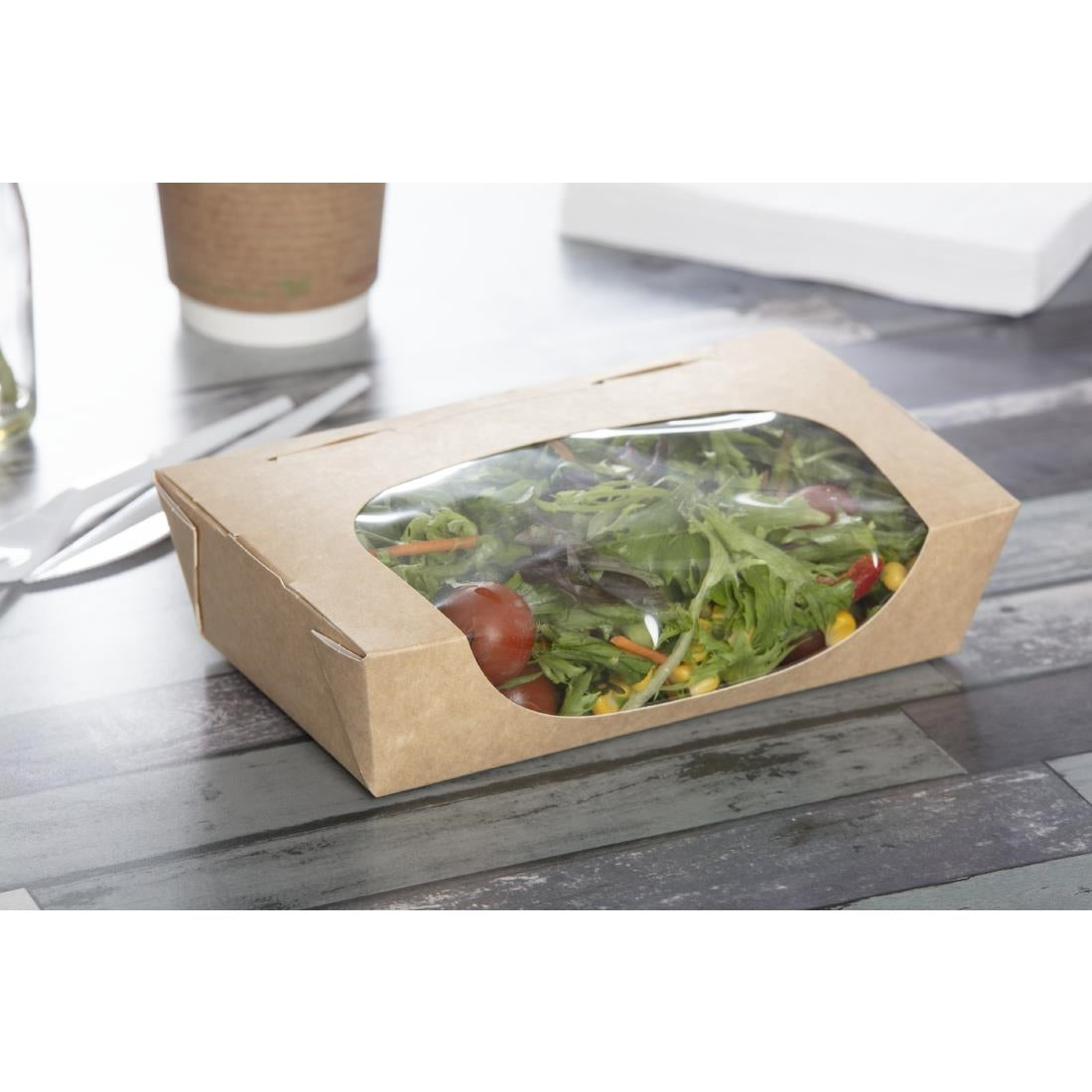 FA372 Colpac kraft saladebakken met venster en insteeksluiting 1Ltr (200 stuks)