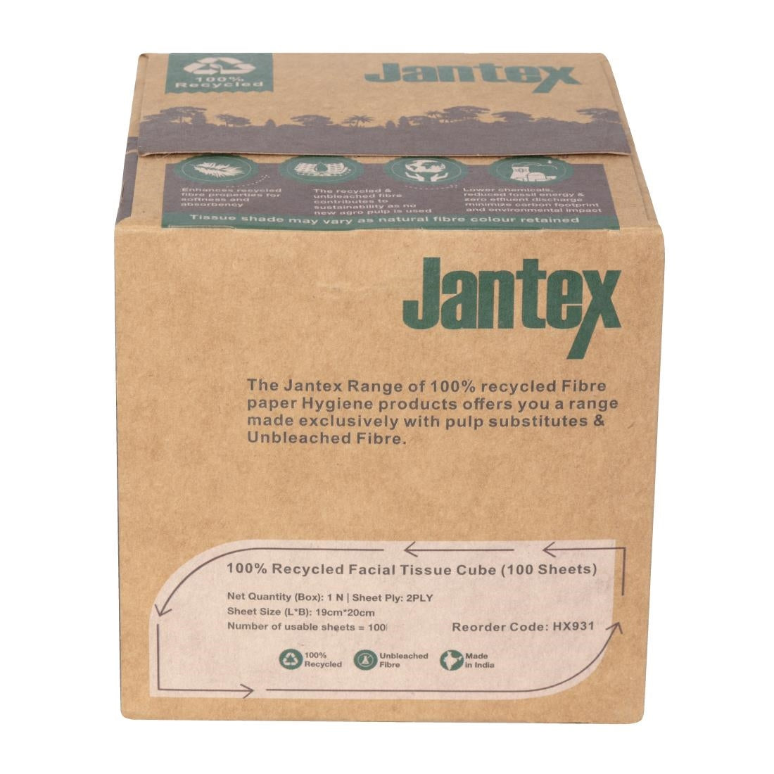 HX931 Jantex Groen 100% Gerecyclede Gezichtsdoekjes Kubus 100 Vel (36 stuks)