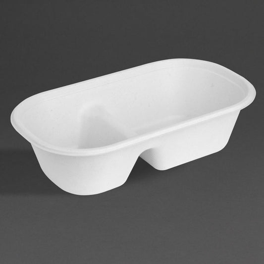 HW628 Fiesta Composteerbare Bagasse Ovale 2-Vak Container 900ml (100 stuks)