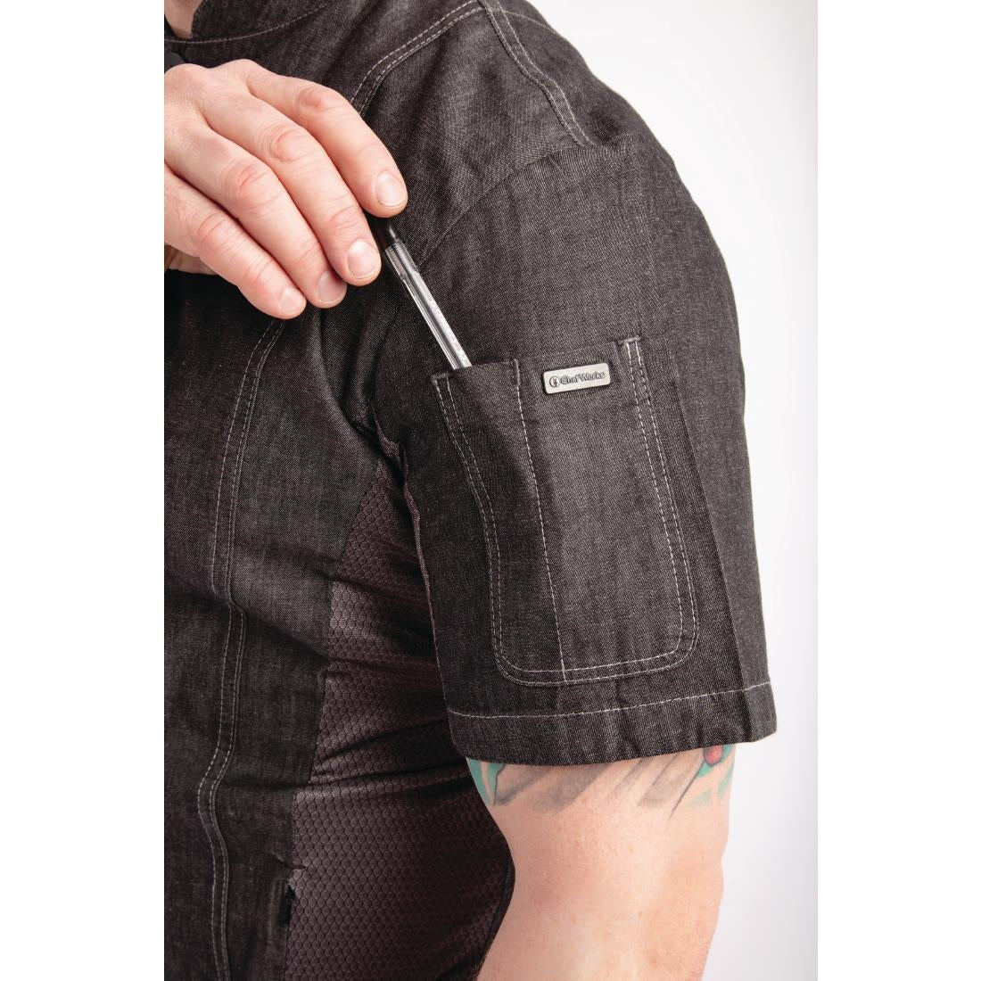 BB279-S Chef Works Urban Tribeca denim koksbuis met drukknopen korte mouw grijs S